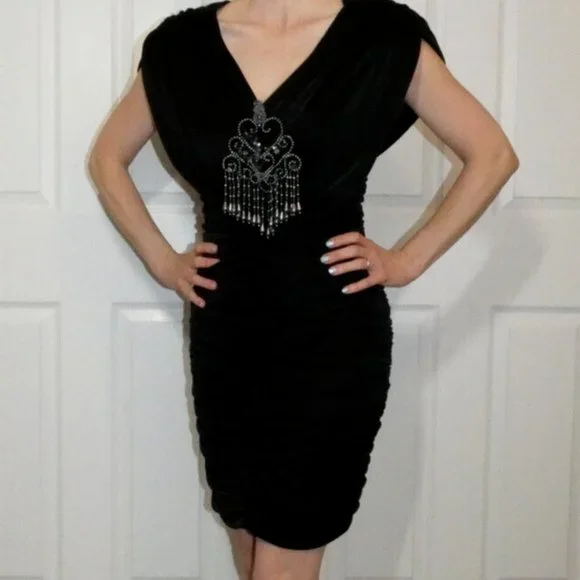 Dollar USA | Dresses | Black Ruched Dress Sequins Beaded Applique Hugs Body  Party Date Night Size S | Poshmark